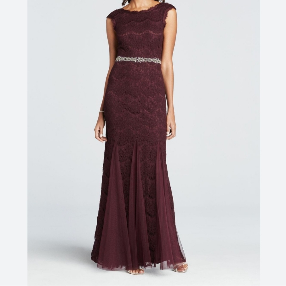 Betsy & Adam Deep Plum Crystal Waist Lace Formal Mother of the Bride Dress SZ 6
